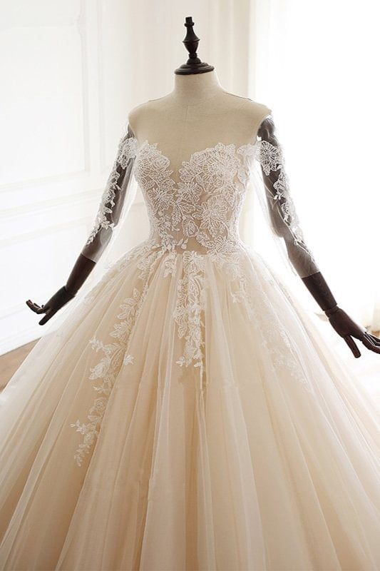 Light Champagne Ball Gown Tulle Wedding Dress With Lace Appliques TANYA BRIDAL Light Champagne Ball Gown Tulle Wedding Dress With Lace Appliques TANYA BRIDAL