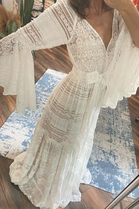 Bohemian Long Flare Sleeves Lace Wedding Dress V Neck Chic