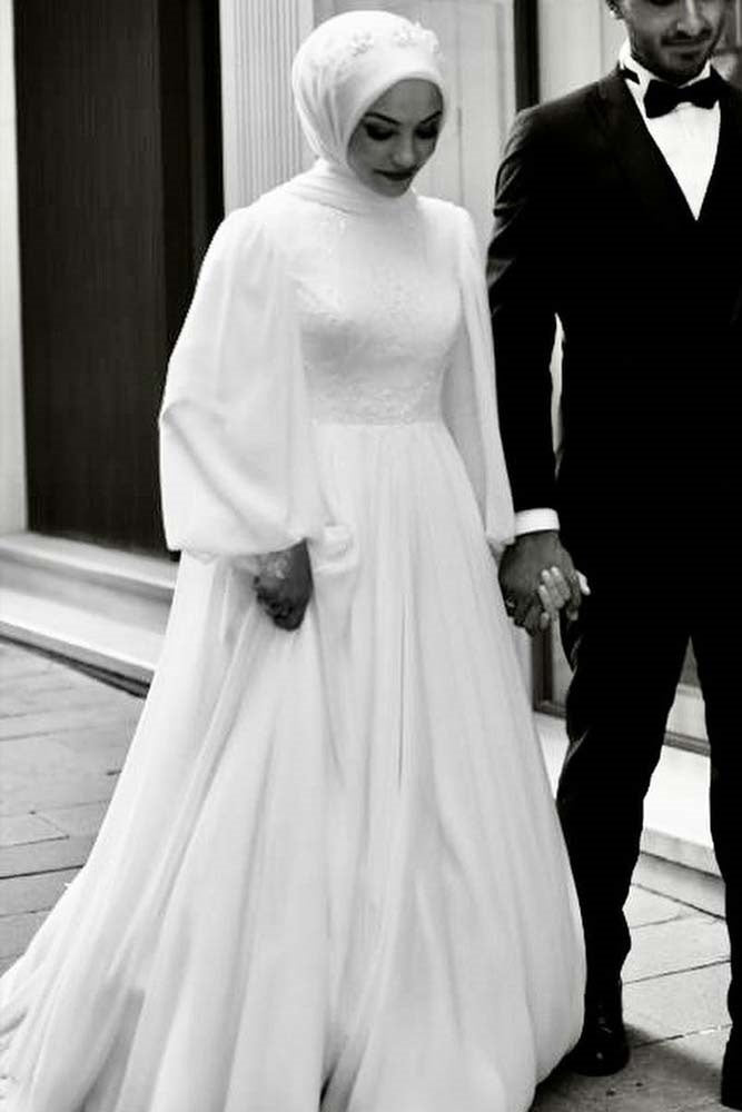 Chiffon Long Muslim Wedding Dress With Lace Beads TANYA BRIDAL Chiffon Long Muslim Wedding Dress With Lace Beads TANYA BRIDAL