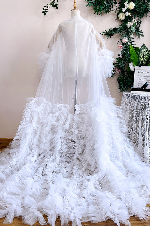 Ruffles Tulle Fashion Wedding Jacket Long Flare Sleeve Robe Outfit