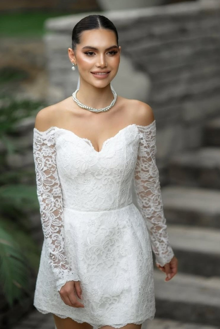 DZ9604 Short Off-The-Shoulder Wedding Dress with Long Lace Sleeves – TANYA BRIDAL