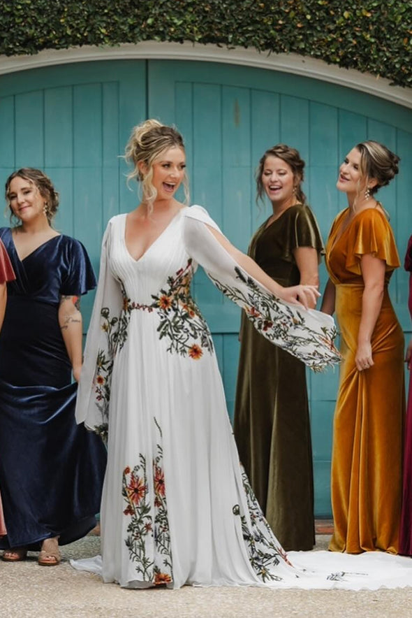 Long Flare Split Sleeve Boho Colorful Embroidery Wedding Dress