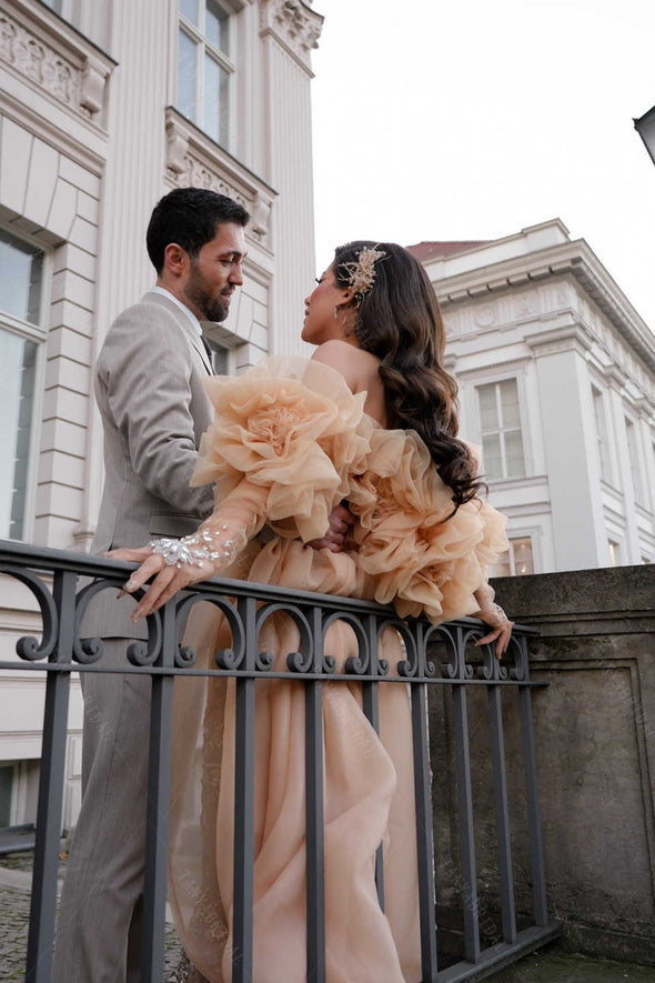 #DZ9432 Champagne organza Wedding Cape With 3D Flowers