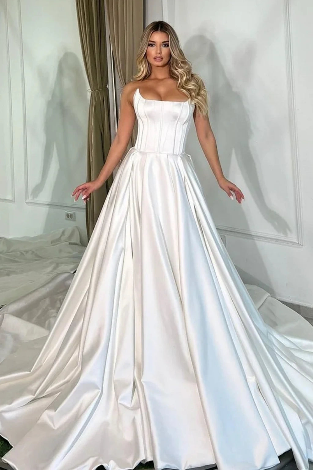 satin wedding dress with lace back Vintage A-line Satin Lace Bodice Bateau Neck Corset Back Wedding Dresses, MW747