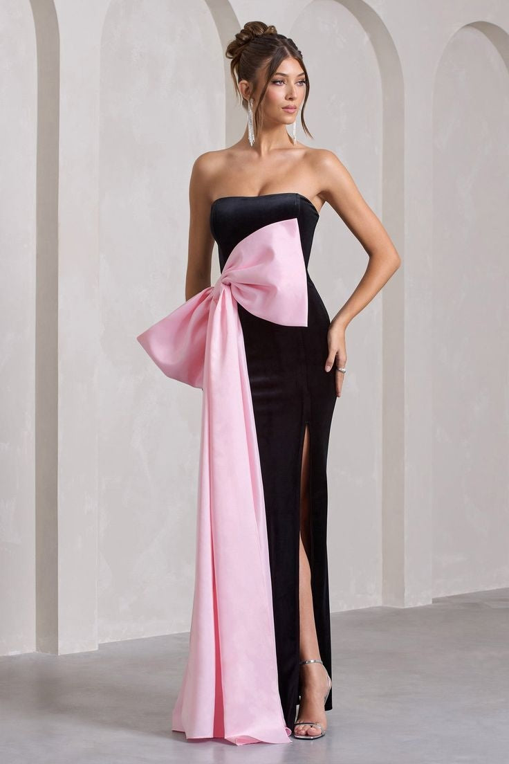 Black Dress Pink Bow Portia And Scarlett PS24010 Short Strapless Fitted Bow Homecoming Dress Black Dress Pink Bow Portia And Scarlett PS24010 Short Strapless Fitted Bow Homecoming Dress