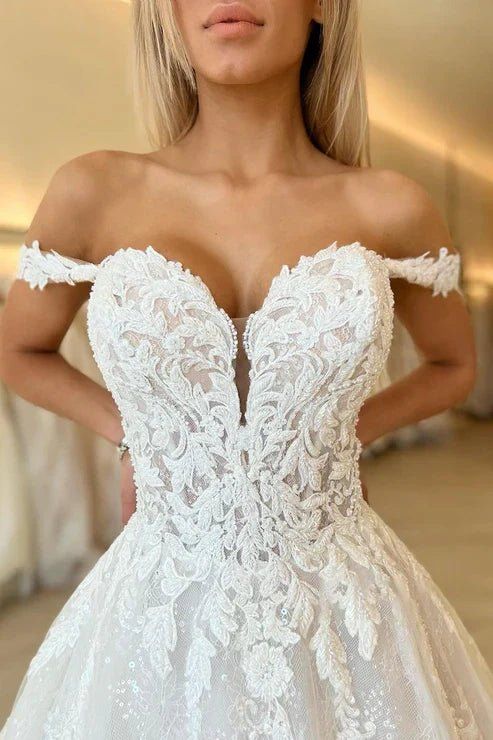 Off The Shoulder A Line Lace Tulle Wedding Dress