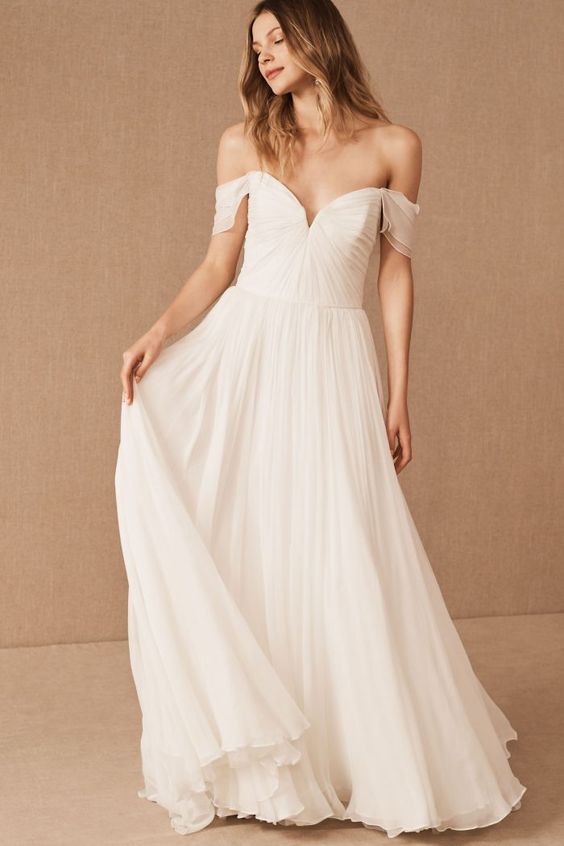 Bohemian Long Chiffon A Line off The Shoulder Bridal Dress Beach Gown