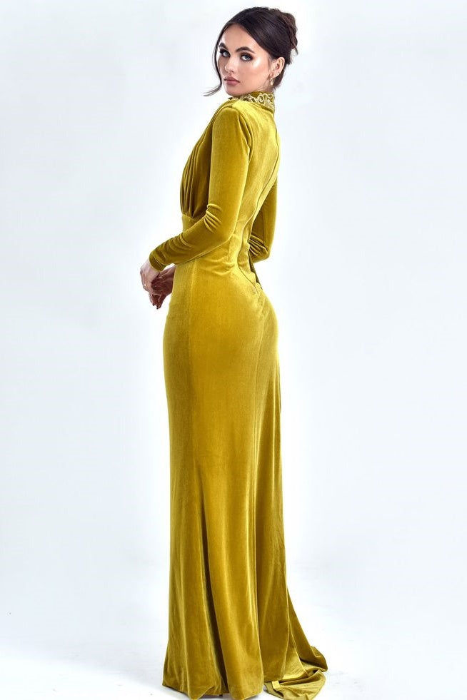 High Collar Gold Velvet Long Women Evening Dress TANYA BRIDAL High Collar Gold Velvet Long Women Evening Dress TANYA BRIDAL