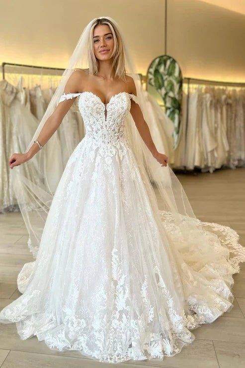 Off The Shoulder A Line Lace Tulle Wedding Dress