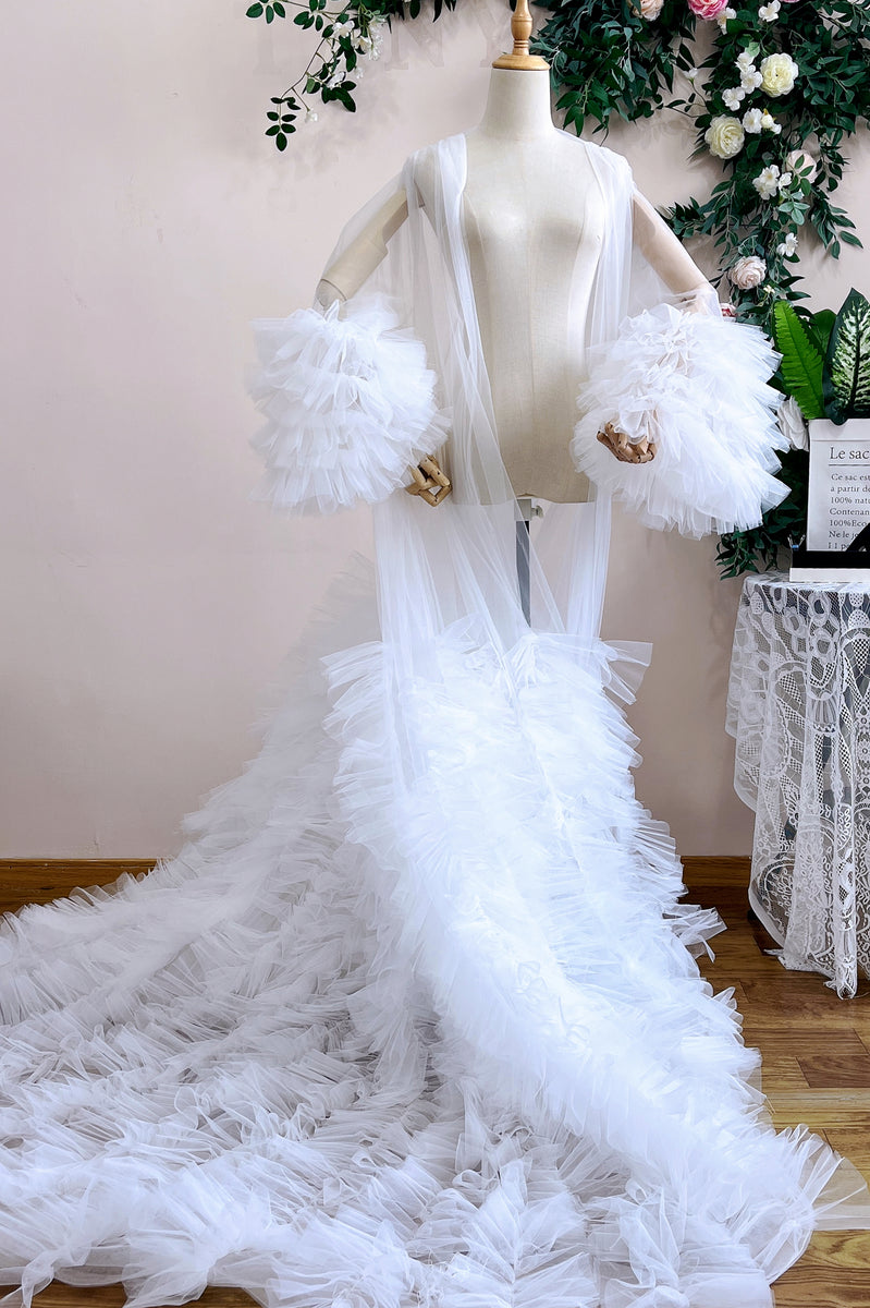 Ruffles Tulle Fashion Wedding Jacket Long Flare Sleeve Robe Outfit ...