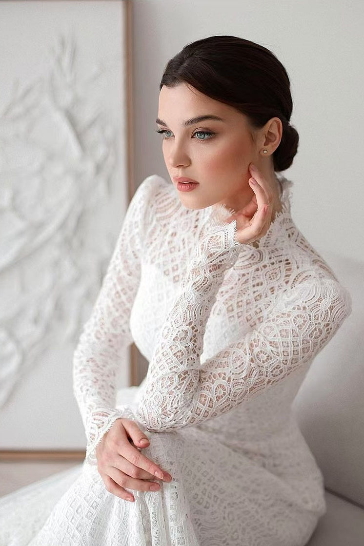High Neck Full Sleeves Lace Wedding Dress With Buttons TANYA BRIDAL High Neck Full Sleeves Lace Wedding Dress With Buttons TANYA BRIDAL