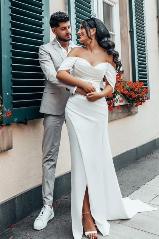 Modest Simple Off The Shoulder Satin Wedding Dress Slit – TANYA BRIDAL Modest Simple Off The Shoulder Satin Wedding Dress Slit – TANYA BRIDAL