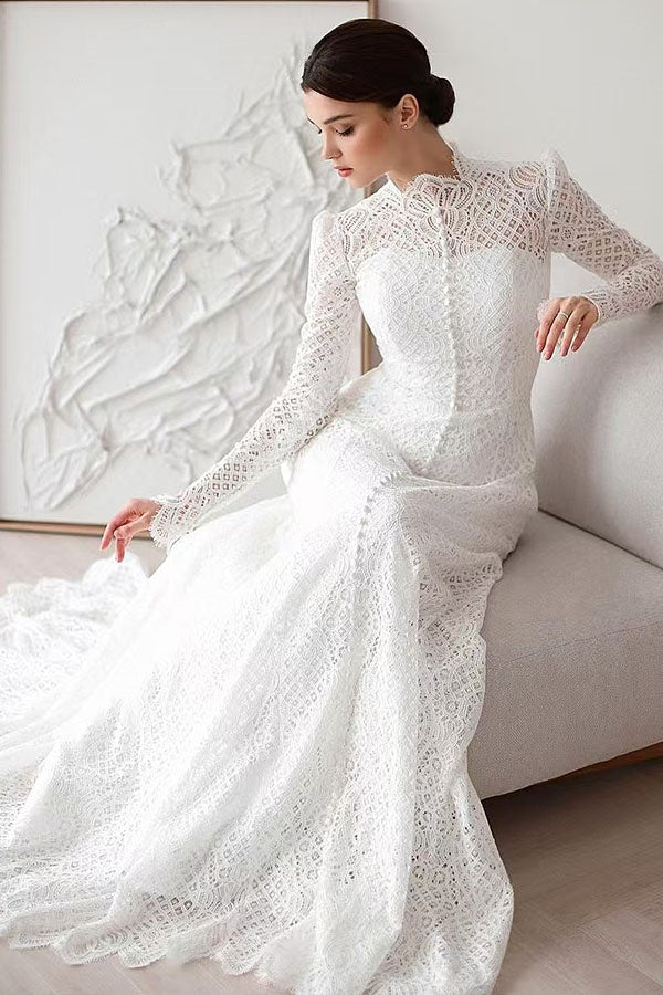 High Neck Full Sleeves Lace Wedding Dress With Buttons TANYA BRIDAL High Neck Full Sleeves Lace Wedding Dress With Buttons TANYA BRIDAL