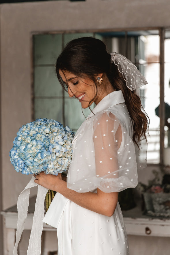 Tea Length Soft Satin Wedding Dresses Puffy Dot Tulle ZW971