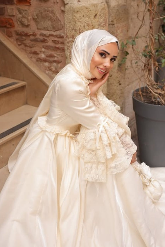 #DZ9444 Ivory Muslim Wedding Dress Long Sleeves With Lace