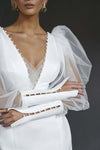 Short Satin V Neck Puffy Sleeves Wedding Party Dress