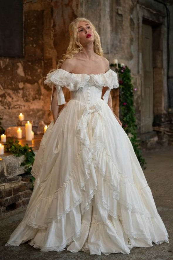 long sleeve taffeta wedding dress #DZ9470 Elegant Long Taffeta Wedding Dress With Short Sleeves -