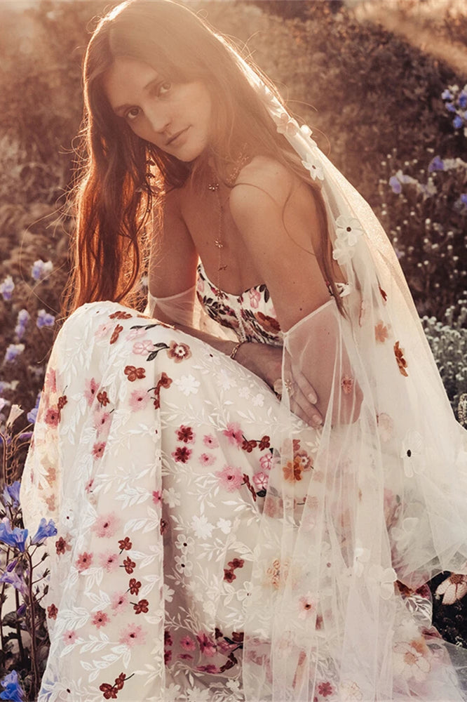 Colorful Flowers Embroidery Lace Wedding Dress TANYA BRIDAL Colorful Flowers Embroidery Lace Wedding Dress TANYA BRIDAL