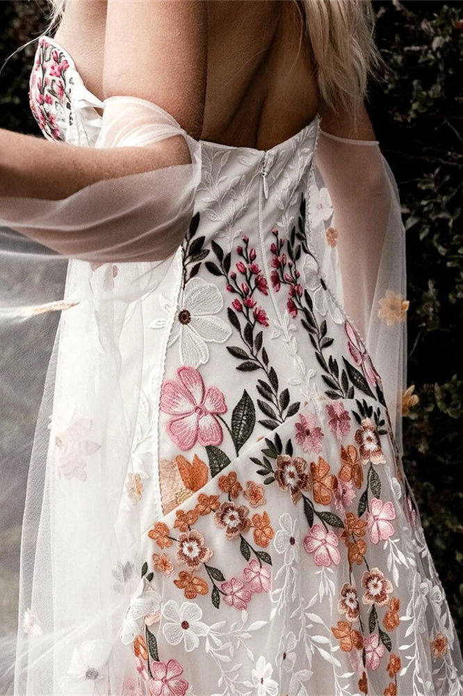 colorful embroidered wedding dress Hana Floral with Fit and Flare Body The top has transparent embroidered back and adjustable straps for a comfortable fit Colorful Flowers Embroidery Lace Wedding