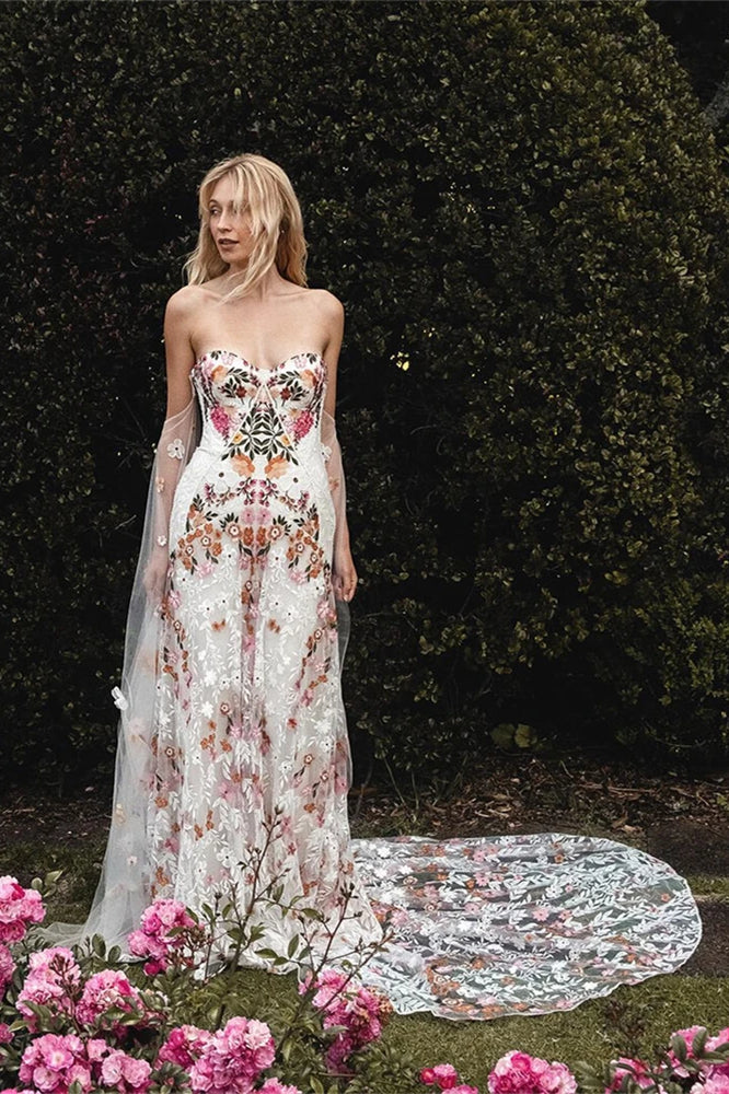 Colorful Flowers Embroidery Lace Wedding Dress - Main Image