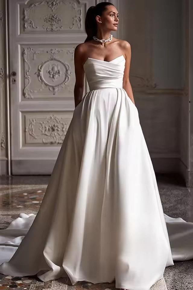 DZ9607 Simple Satin Wedding Dress A Line Floor Length TANYA BRIDAL DZ9607 Simple Satin Wedding Dress A Line Floor Length TANYA BRIDAL