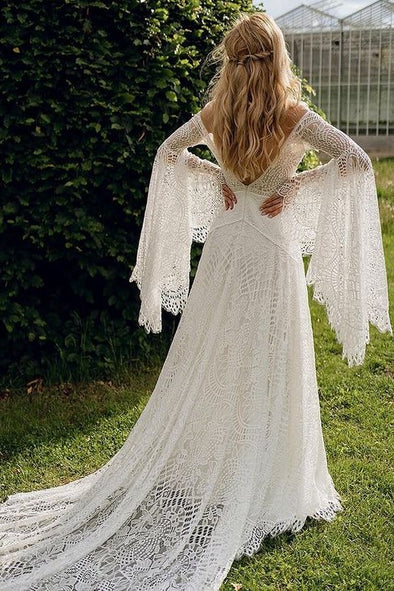 #DZ9348 Flare Sleeves A Line Boho Lace Wedding Dress