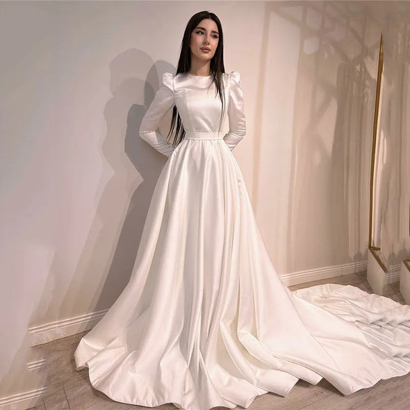 Ivory Muslim Wedding Dresses A Line Long Sleeve