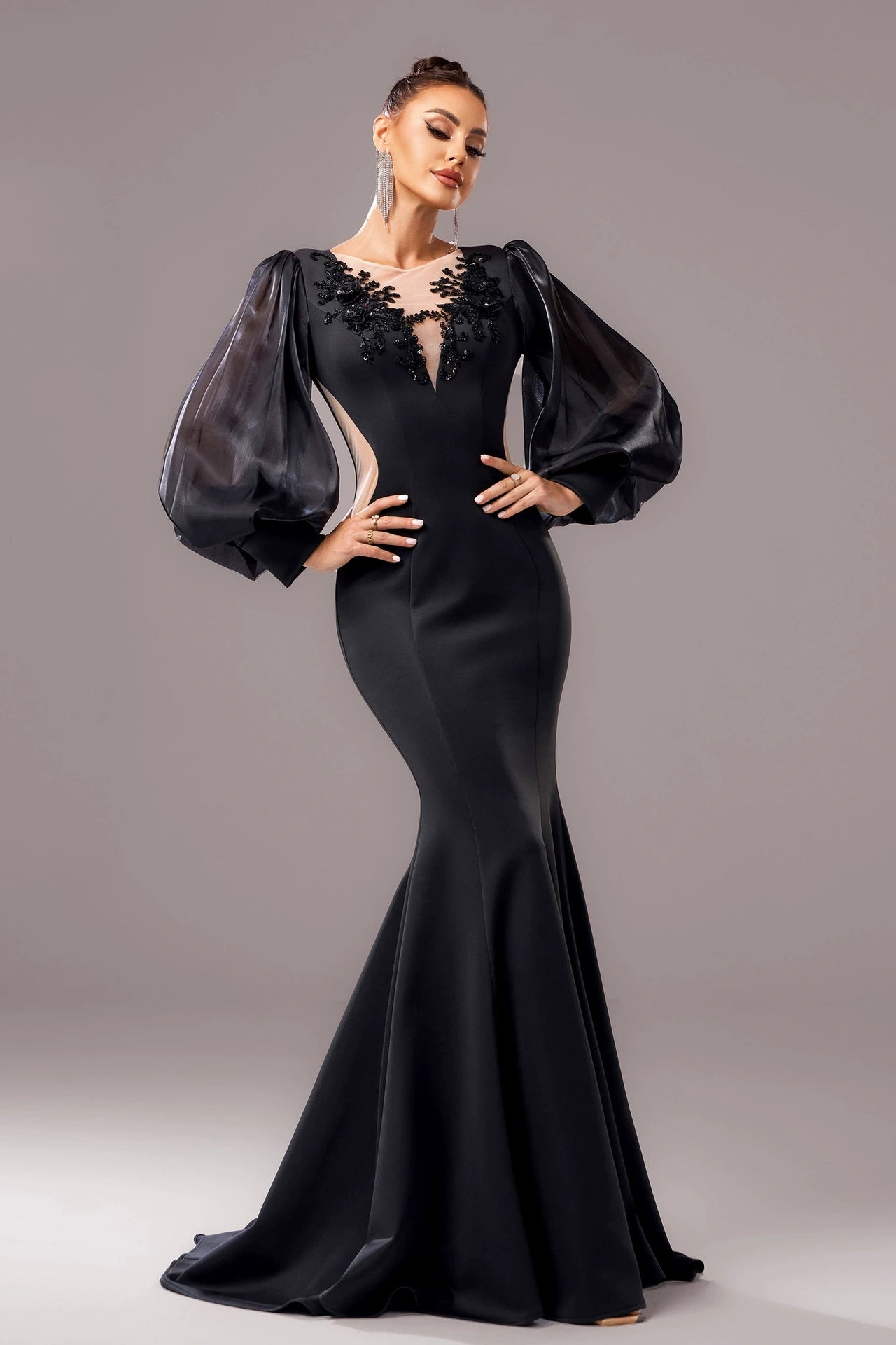 V Neck Mermaid Long Sleeves Elegant Evening Dress TANYA BRIDAL V Neck Mermaid Long Sleeves Elegant Evening Dress TANYA BRIDAL