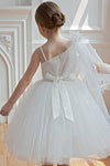 White Flower Girl Dress Lace Appliques One Shoulder