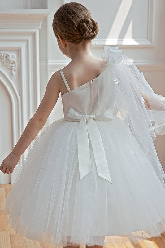 White Flower Girl Dress Lace Appliques One Shoulder