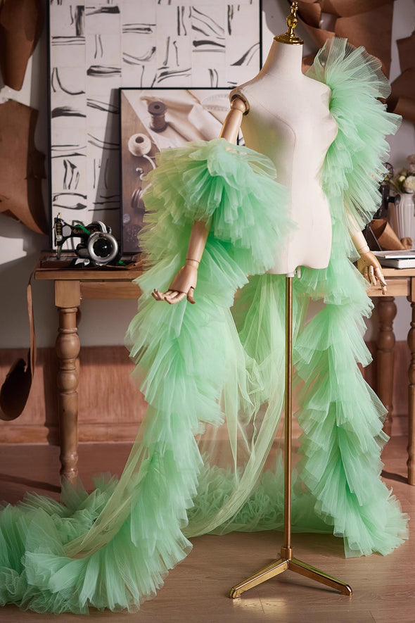 Fresh Sage Green Plisse Tulle Performance Cape Runway Costumes Outfit