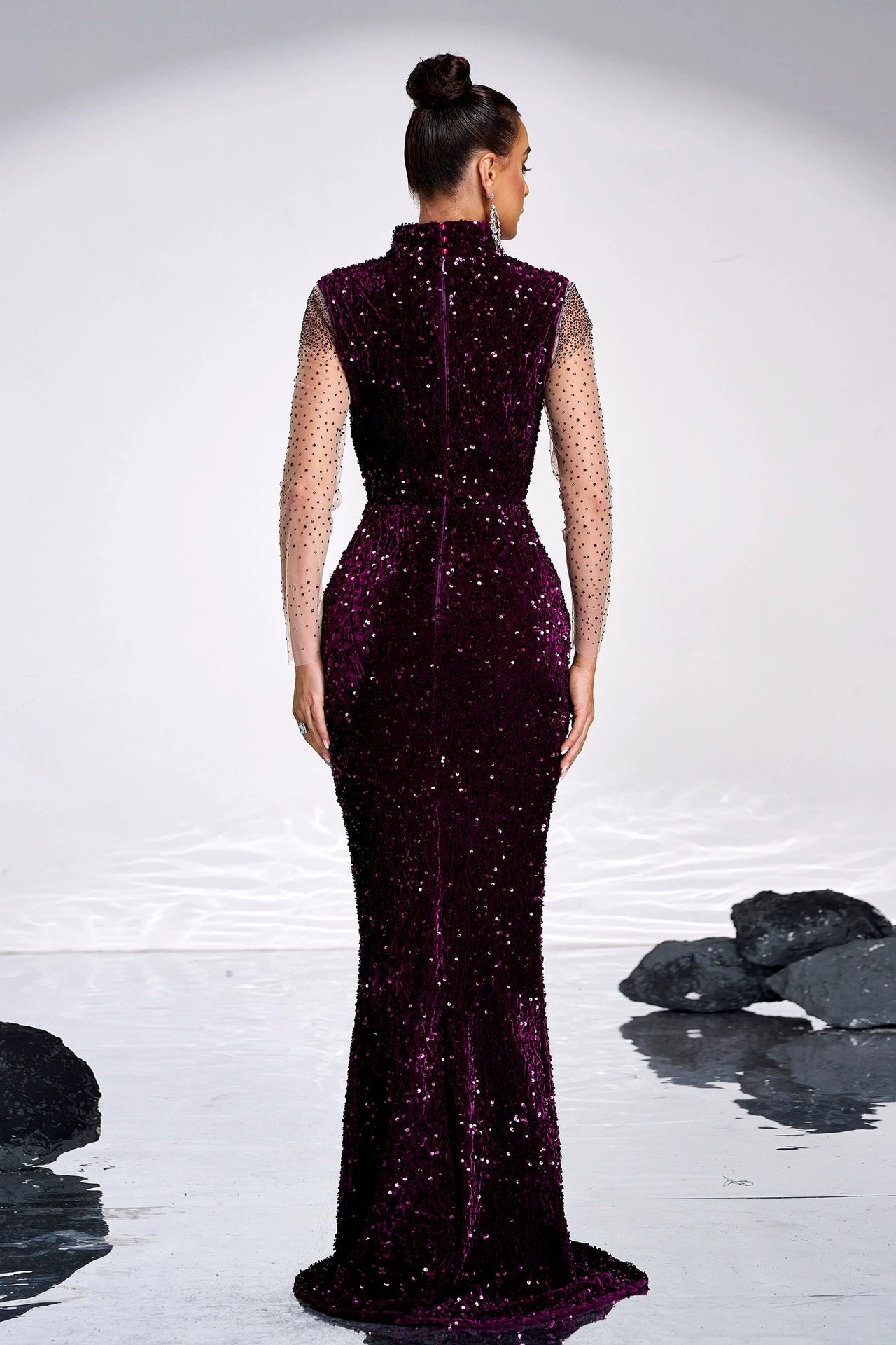 velvet dress with sequins Grape Long Evening Dress Velvet Sequins Stand Neck – TANYA BRIDAL