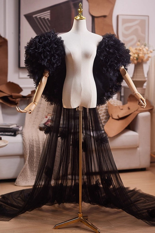 Little Flower Black Tulle Cape Fashion Runway Costumes Outfit