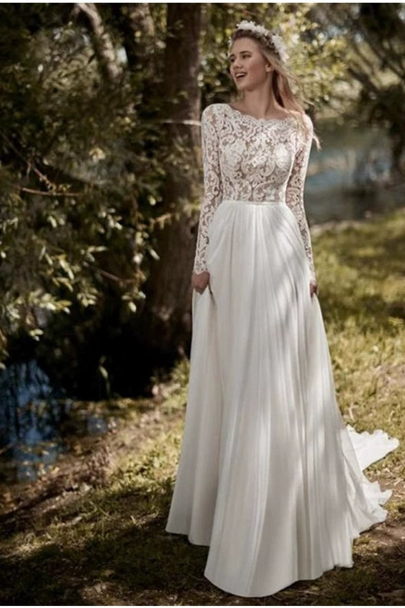 #LY9212 Boho Lace Sleeves Backless Long Chiffon Wedding Dress
