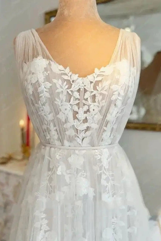 #LY9214 A Line V Neck Long Boho Lace Wedding Dress
