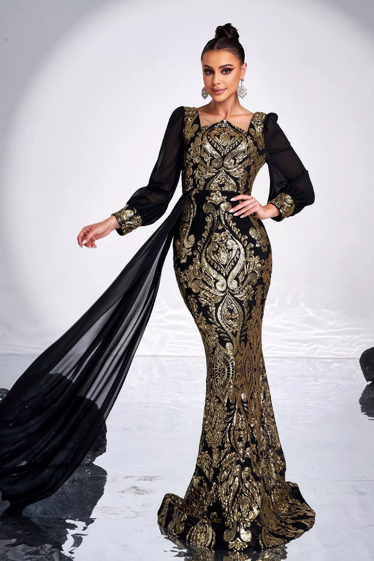 Long Sleeves Black Dress With Gold Sequins Mermaid Style TANYA BRIDAL Long Sleeves Black Dress With Gold Sequins Mermaid Style TANYA BRIDAL