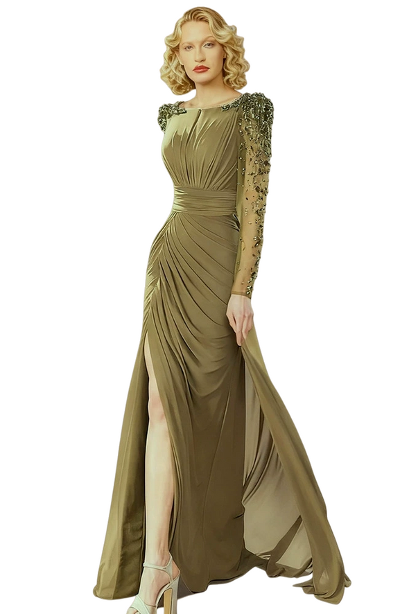 #DZ9383 Olive Green Long Sleeves Women Evening Dress