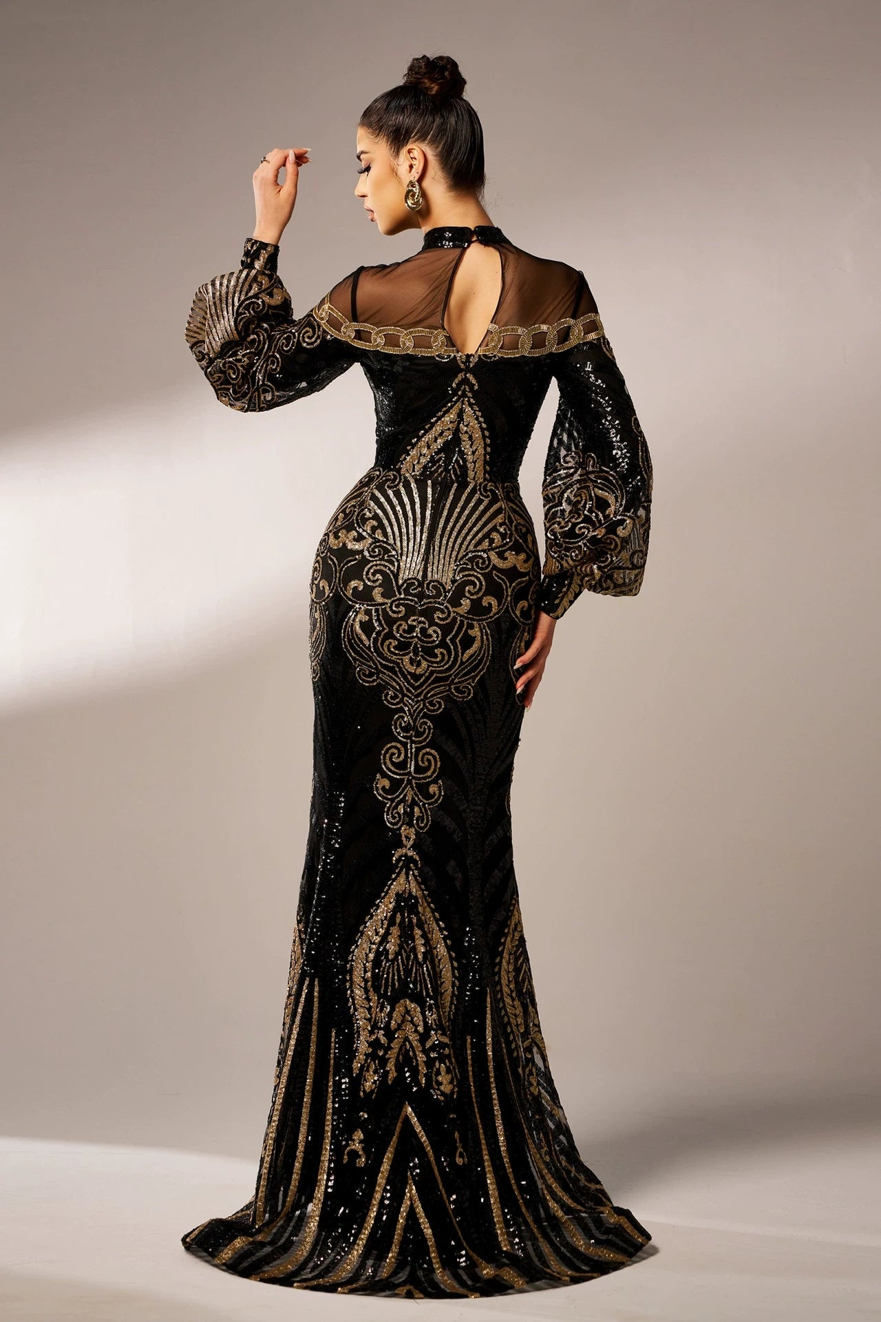black and gold long sequin dress Sherri Hill Open Back Sequin Prom Dress 56860