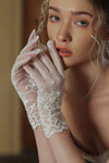WG144 Elegant Lace Bridal Gloves Short Handmade Beads