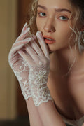 WG144 Elegant Lace Bridal Gloves Short Handmade Beads