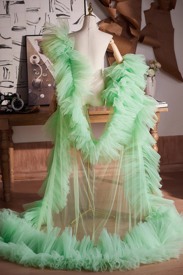 Fresh Sage Green Plisse Tulle Performance Cape Runway Costumes Outfit