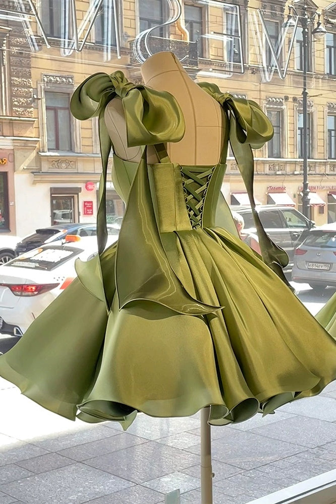 DZ9605 Sage Green Short Homecoming Dress With Bow Sash TANYA BRIDAL DZ9605 Sage Green Short Homecoming Dress With Bow Sash TANYA BRIDAL