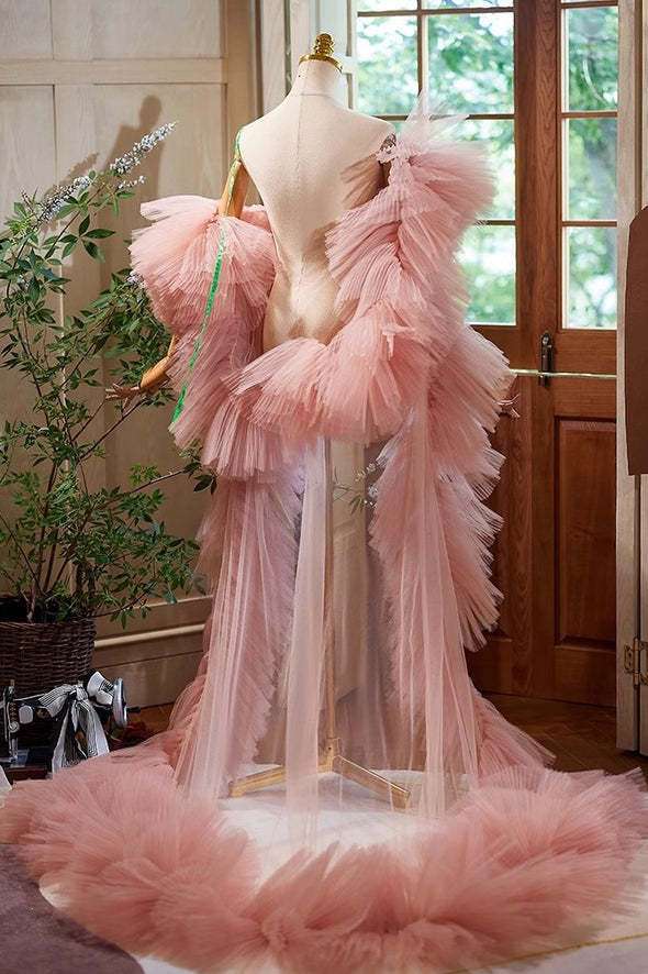 Dusty Pink Plisse Tulle Cape Performance Runway Costumes Outfit
