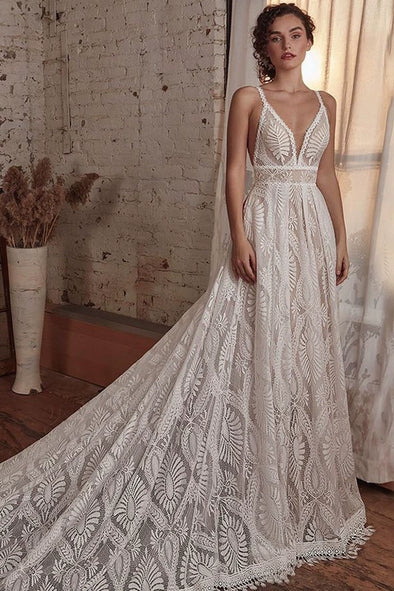 Luxury Boho Lace Wedding Dress Detachable Long Sleeve