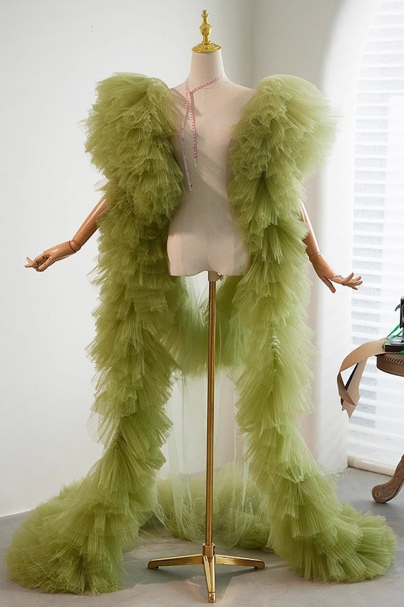 Light Olive Green Plisse Tulle Cape Performance Runway Costumes Outfit