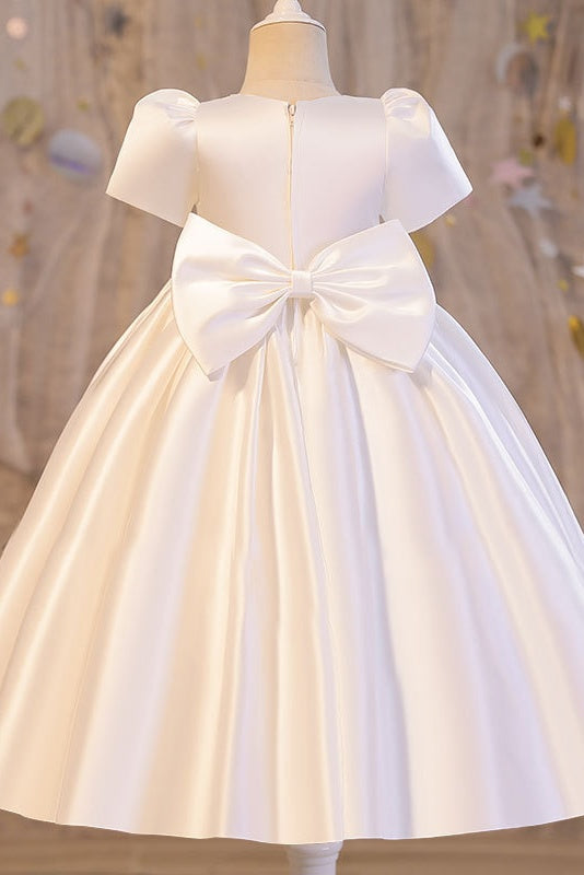 Rond Neck Short Sleeves Satin Flower Girl Dress