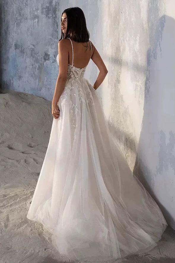 #LY9209 A Line Spaghetti Strap Long Lace Appliques Wedding Gown