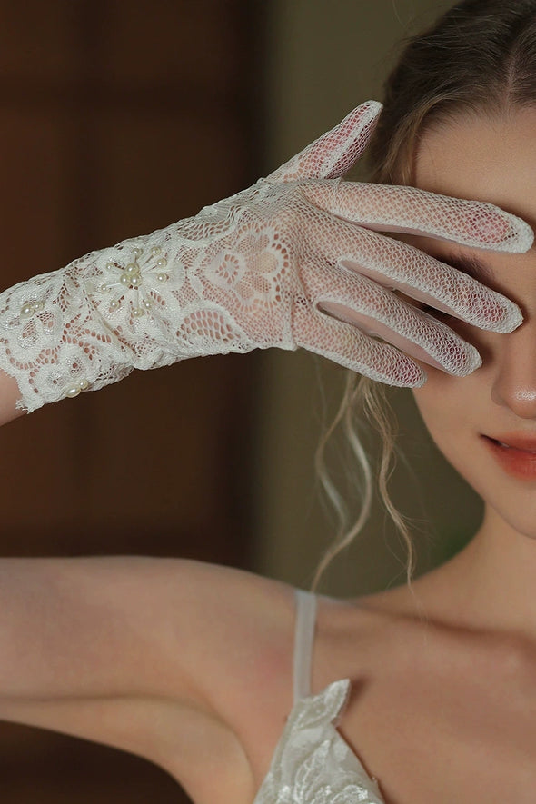 WG144 Elegant Lace Bridal Gloves Short Handmade Beads