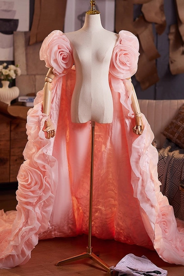 Pink Performance 3D Rose Flower Cape Luxury Runway Costumes Outfit