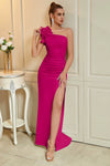 One Shoulder Fuchsia Long Mermaid Evening Dress With Ruffles Flower